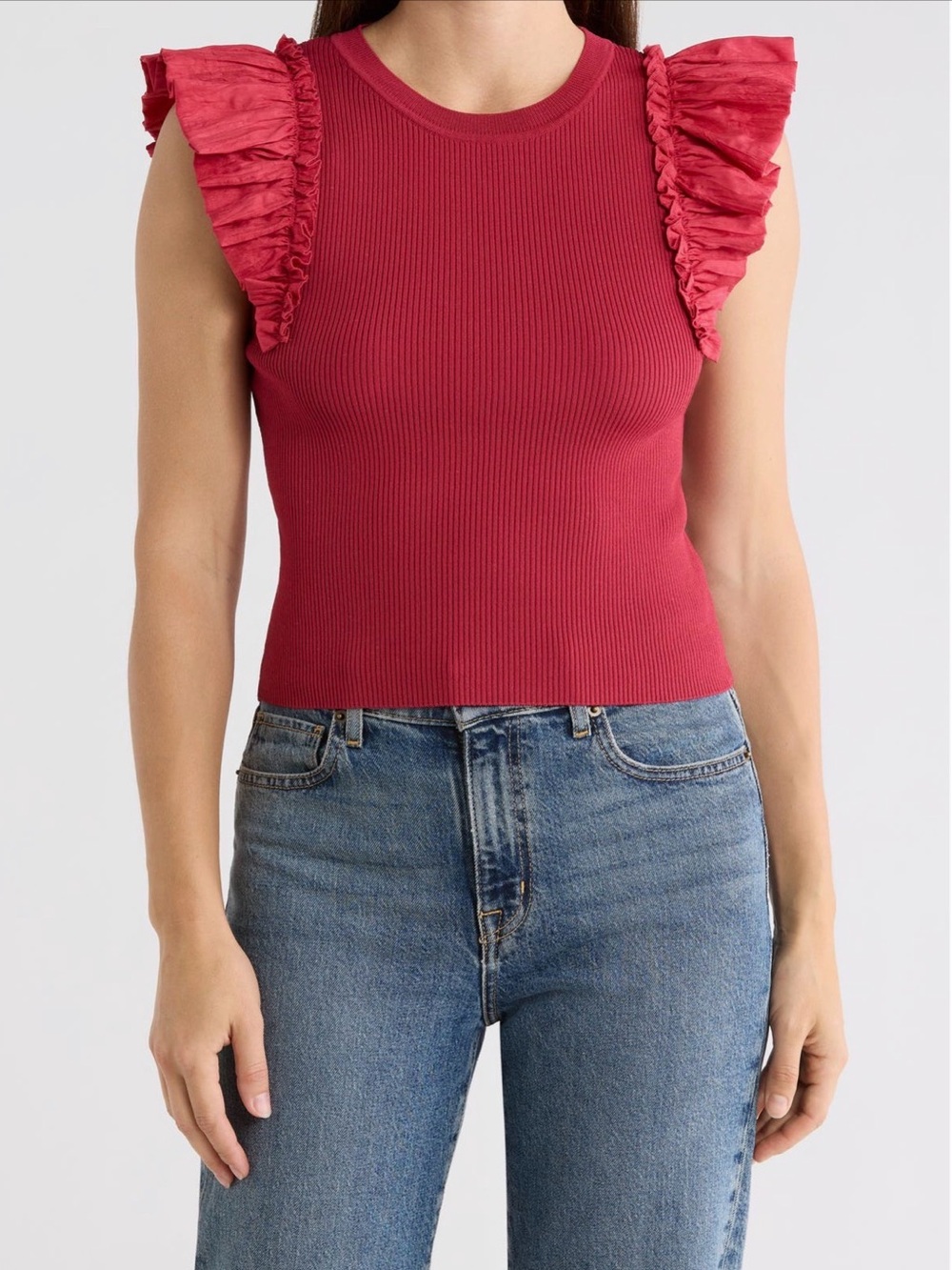 T Tahari Raspberry Ruffled Shoulder Ribbed Tank
